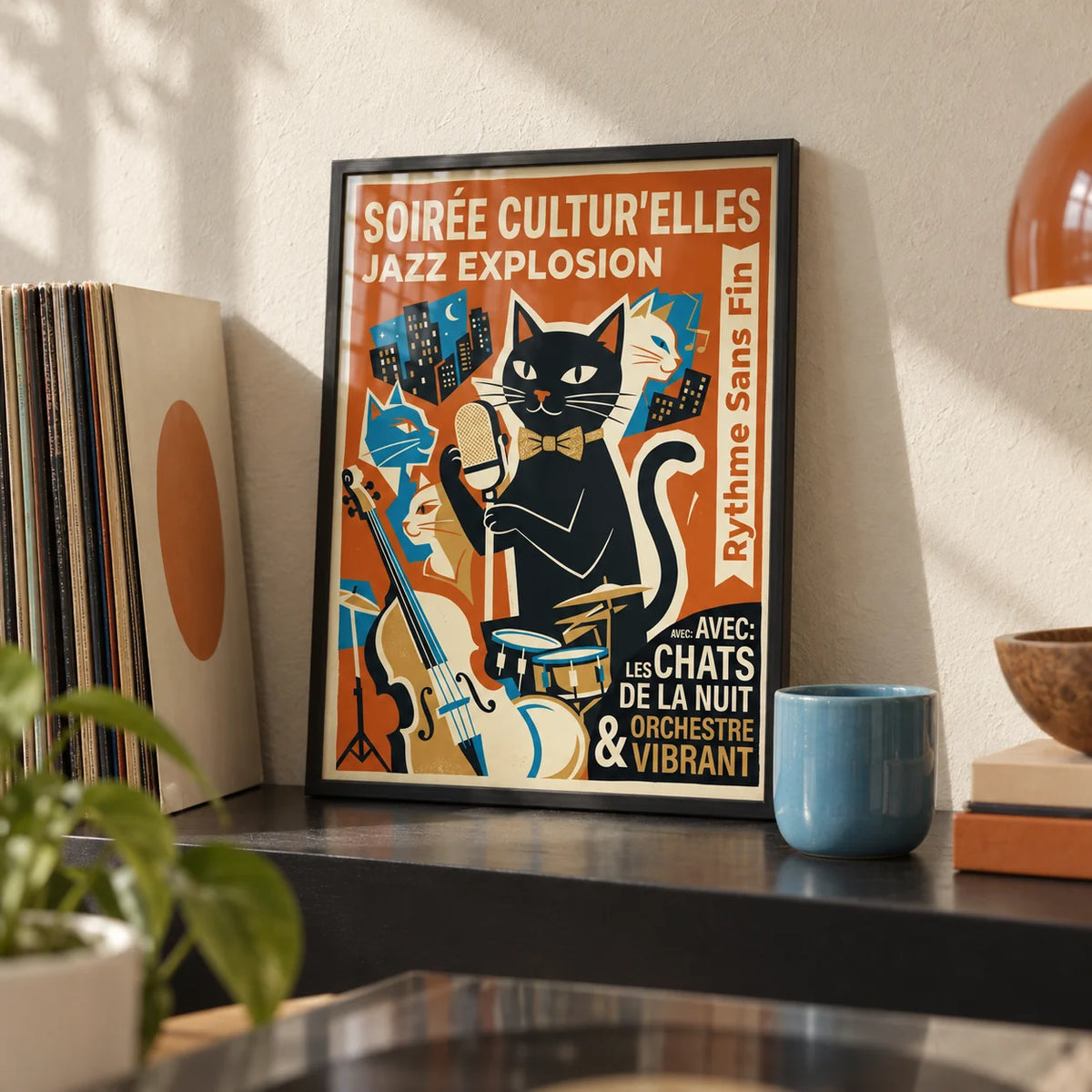 Vintage Jazz Poster, a small A4 framed print leaning on a black shelf in a living room