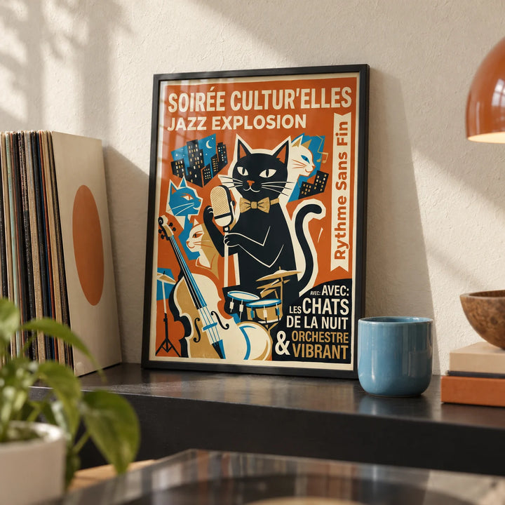 Vintage Jazz Poster, a small A4 framed print leaning on a black shelf in a living room
