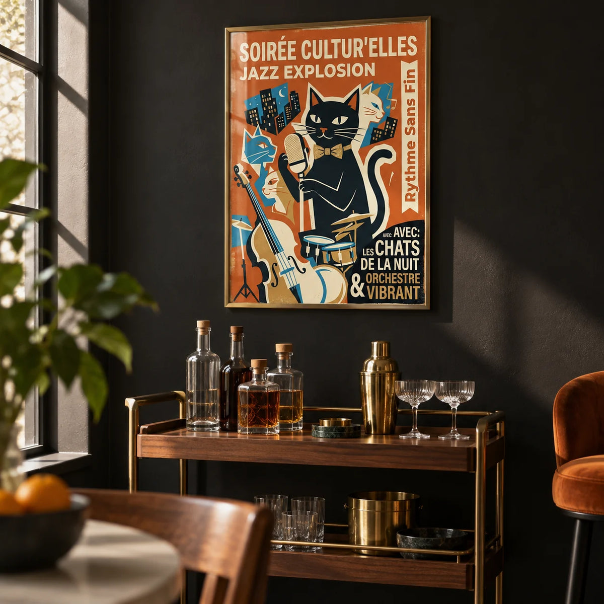 Vintage Jazz Poster, framed on the wall of a small home bar with a solid black painted wall