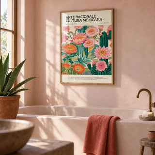 Vintage Mexican Poster, framed on the wall of a Mexican-modern bathroom with smooth pale pink plaster walls