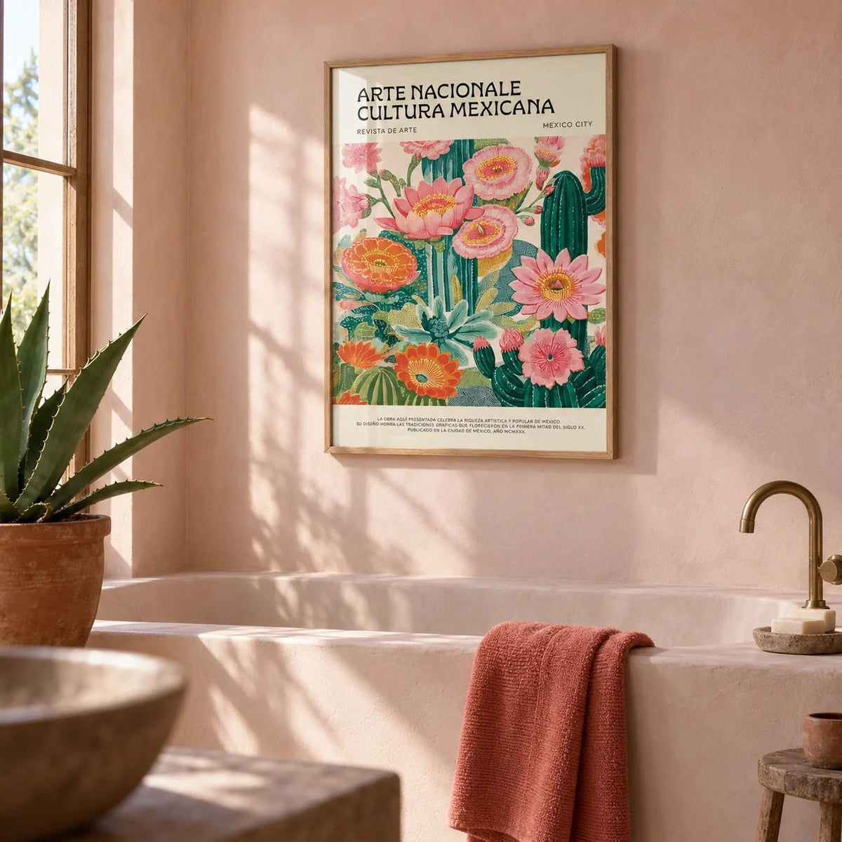 Vintage Mexican Poster, framed on the wall of a Mexican-modern bathroom with smooth pale pink plaster walls