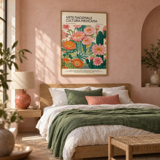 Vintage Mexican Poster, framed on the wall of a Mexican-modern bedroom with a soft pink limewashed wall and an arched niche