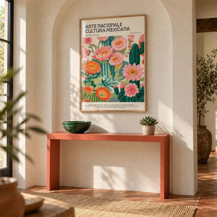Vintage Mexican Poster, framed on the wall of a Mexican-modern hallway with an arched plaster niche