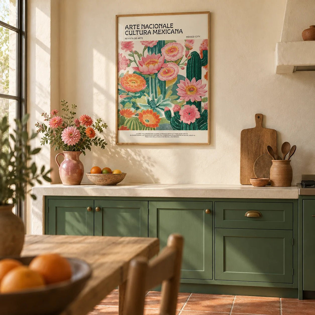 Vintage Mexican Poster, framed on the wall of a Mexican-modern kitchen with solid cactus green painted cabinets and cream plaster walls