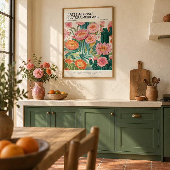 Vintage Mexican Poster, framed on the wall of a Mexican-modern kitchen with solid cactus green painted cabinets and cream plaster walls