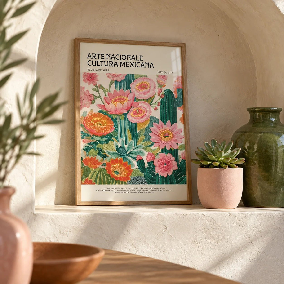 Vintage Mexican Poster, a small A4 framed print leaning on a shelf in a living room