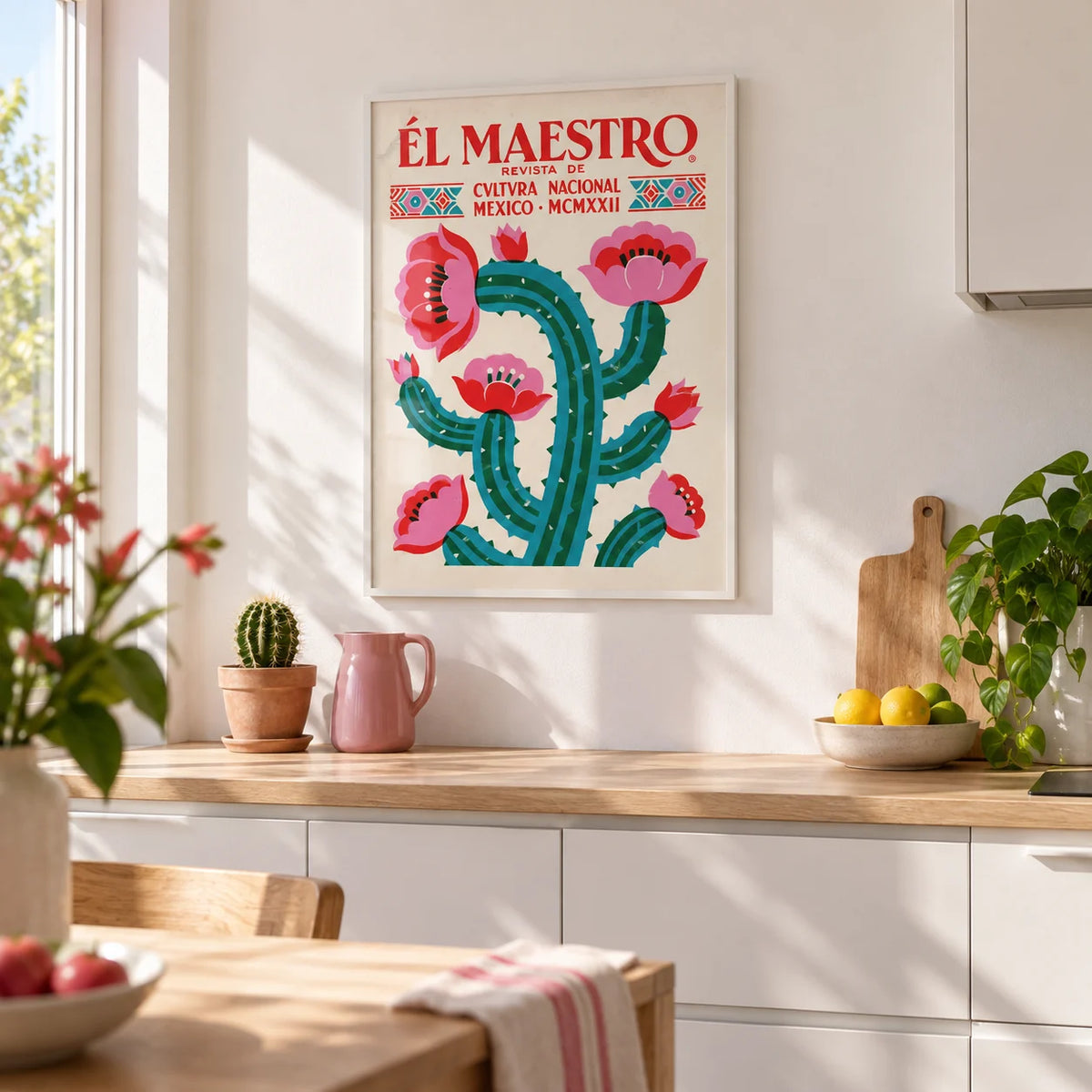 Vintage Mexican Wall Art, framed on the wall of a bright modern kitchen