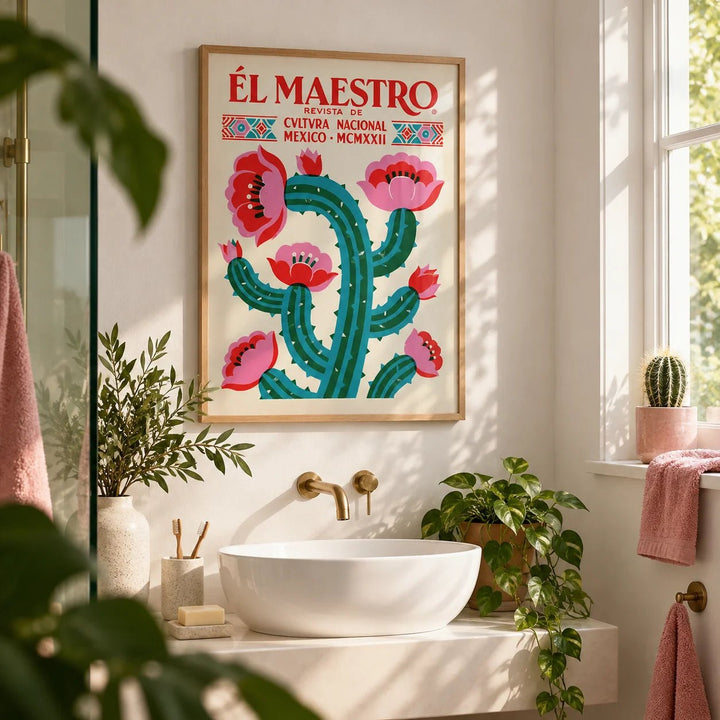 Vintage Mexican Wall Art, framed on the wall of a bright plant-filled bathroom