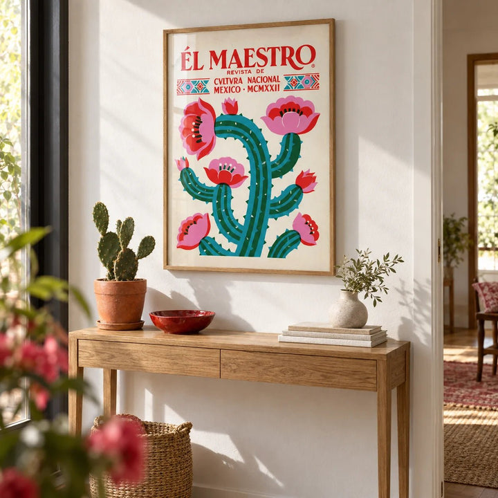 Vintage Mexican Wall Art, framed on the wall of a cheerful hallway