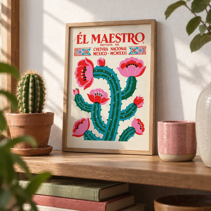 Vintage Mexican Wall Art, a small A4 framed print leaning on a wooden shelf in a living room