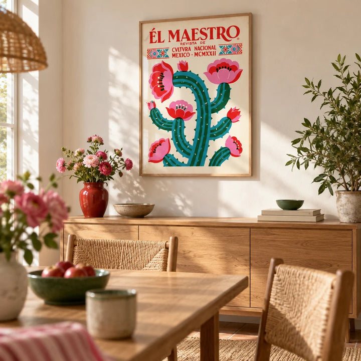 Vintage Mexican Wall Art, framed on the wall of a sunny dining room