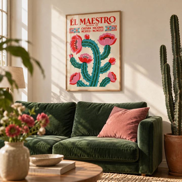 Vintage Mexican Wall Art, framed on the wall of a sunny living room