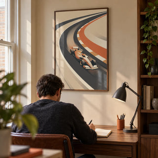 Vintage Motorsport Poster, framed on the wall of a compact home study in a UK terraced house for an adult racing enthusiast
