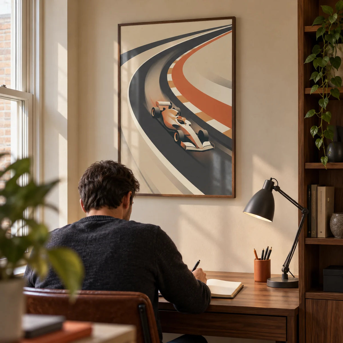 Vintage Motorsport Poster, framed on the wall of a compact home study in a UK terraced house for an adult racing enthusiast