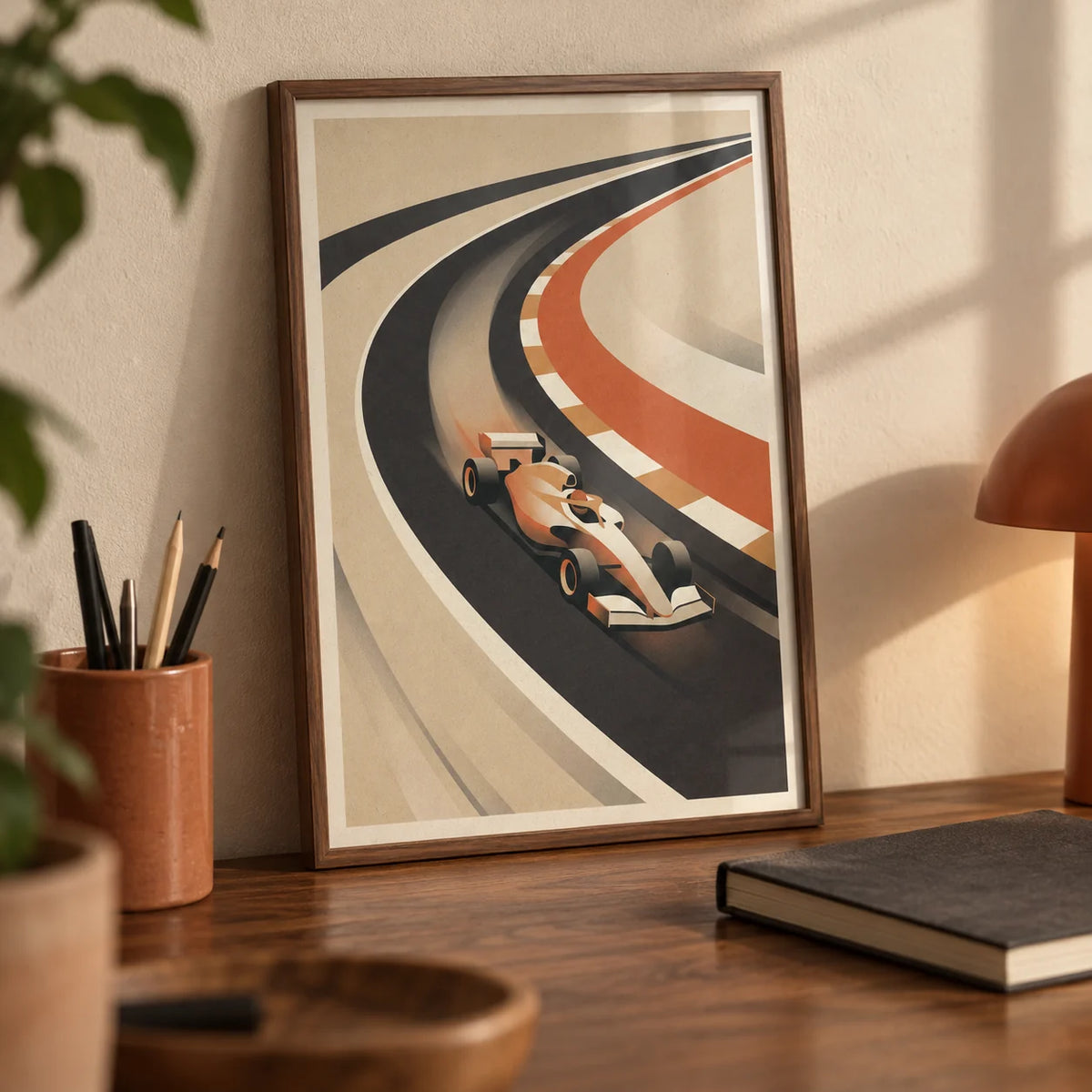 Vintage Motorsport Poster, a small A4 framed print leaning on a walnut desk