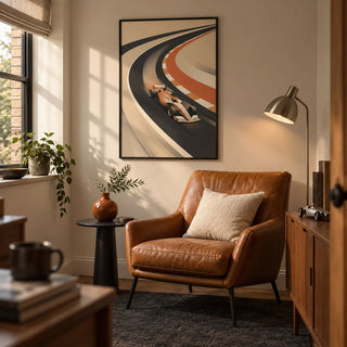 Vintage Motorsport Poster, framed on the wall of a small converted box-room snug in a UK home in a living room