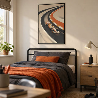 Vintage Motorsport Poster, framed on the wall of a tidy motorsport-loving teenager's single bedroom (13-17) in a UK family home