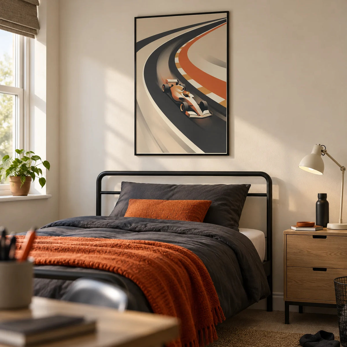 Vintage Motorsport Poster, framed on the wall of a tidy motorsport-loving teenager's single bedroom (13-17) in a UK family home