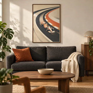 Vintage Motorsport Poster, framed on the wall of a warm modern living room in a UK first flat for a motorsport enthusiast (22-30)