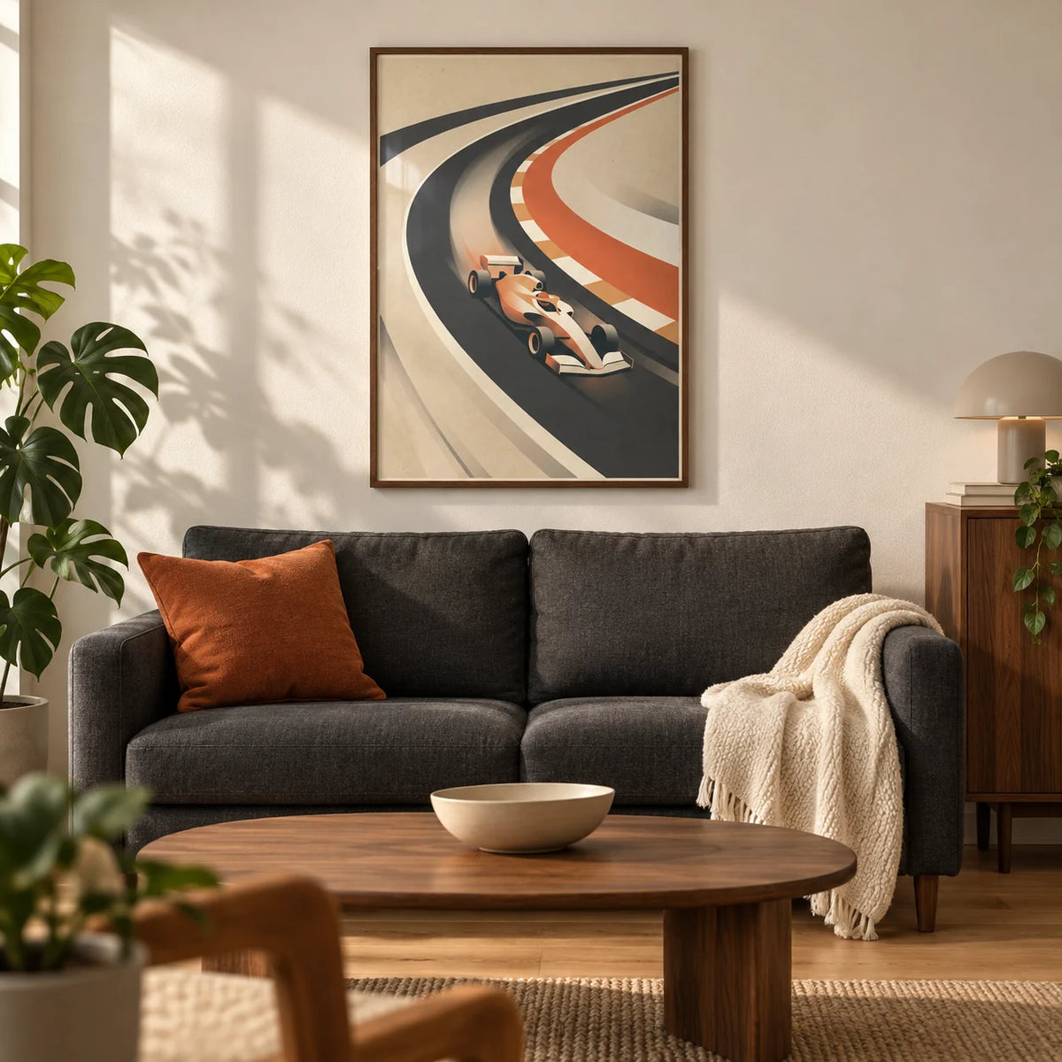 Vintage Motorsport Poster, framed on the wall of a warm modern living room in a UK first flat for a motorsport enthusiast (22-30)