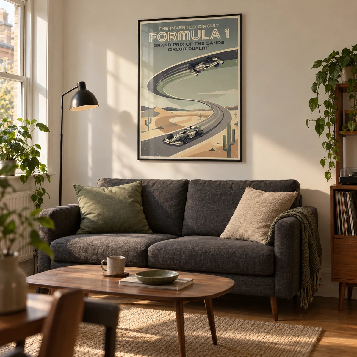 Vintage Motorsports Poster, framed on the wall of a characterful living room in a young adult's first UK flat (22-28)