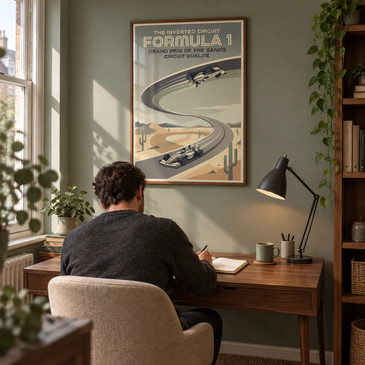 Vintage Motorsports Poster, framed on the wall of a compact home study in a British terraced house with a muted sage wall and warm walnut furniture