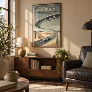 Vintage Motorsports Poster, framed on the wall of a retro reading snug in a UK maisonette with a sand-coloured plaster wall and dark timber floor in a living room