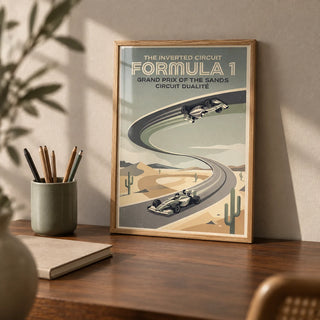 Vintage Motorsports Poster, a small A4 framed print leaning on a walnut desk