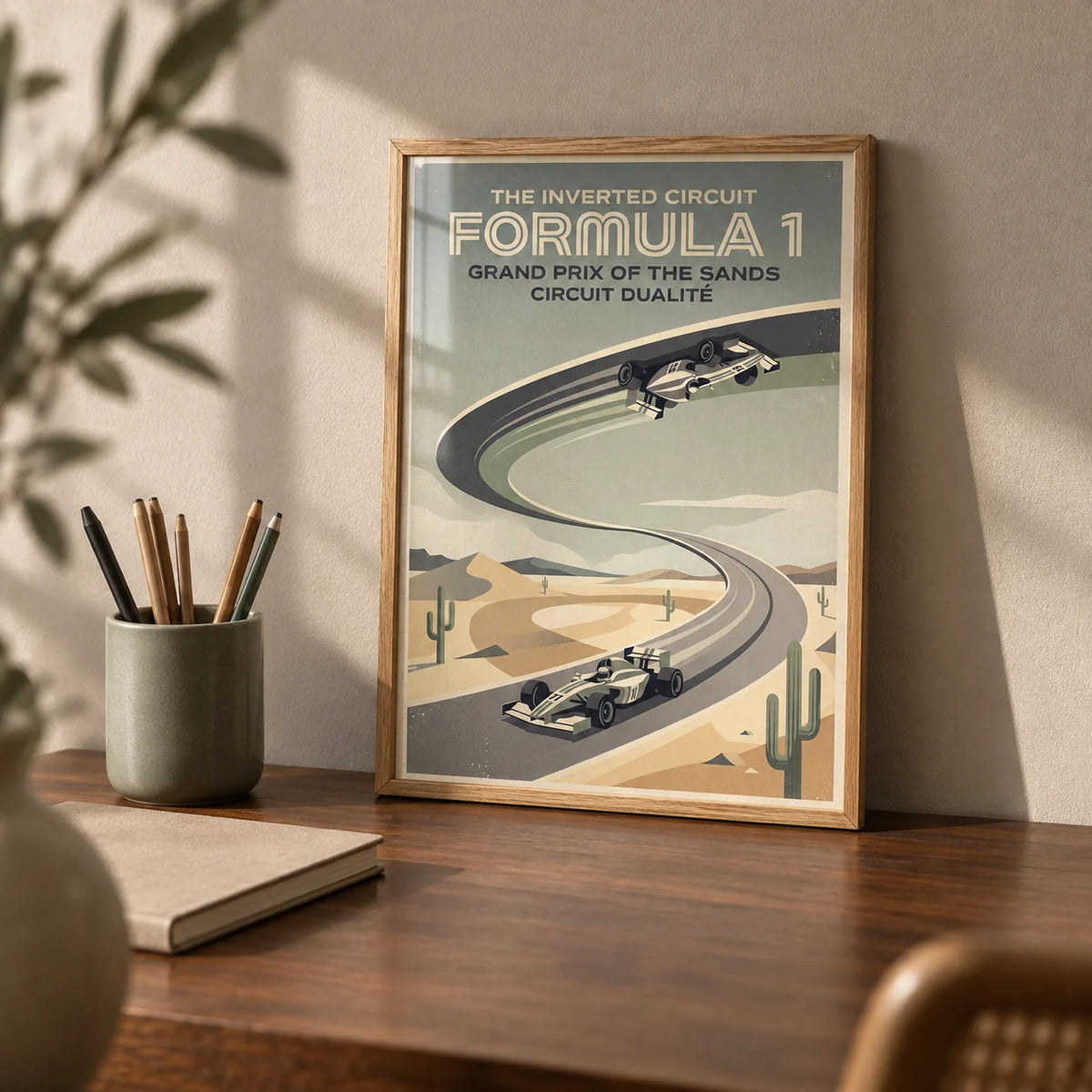 Vintage Motorsports Poster, a small A4 framed print leaning on a walnut desk