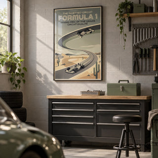 Vintage Motorsports Poster, framed on the wall of a tidy hobby garage workshop in a UK suburban home with a pale grey painted masonry wall and sealed concrete floor in a kitchen