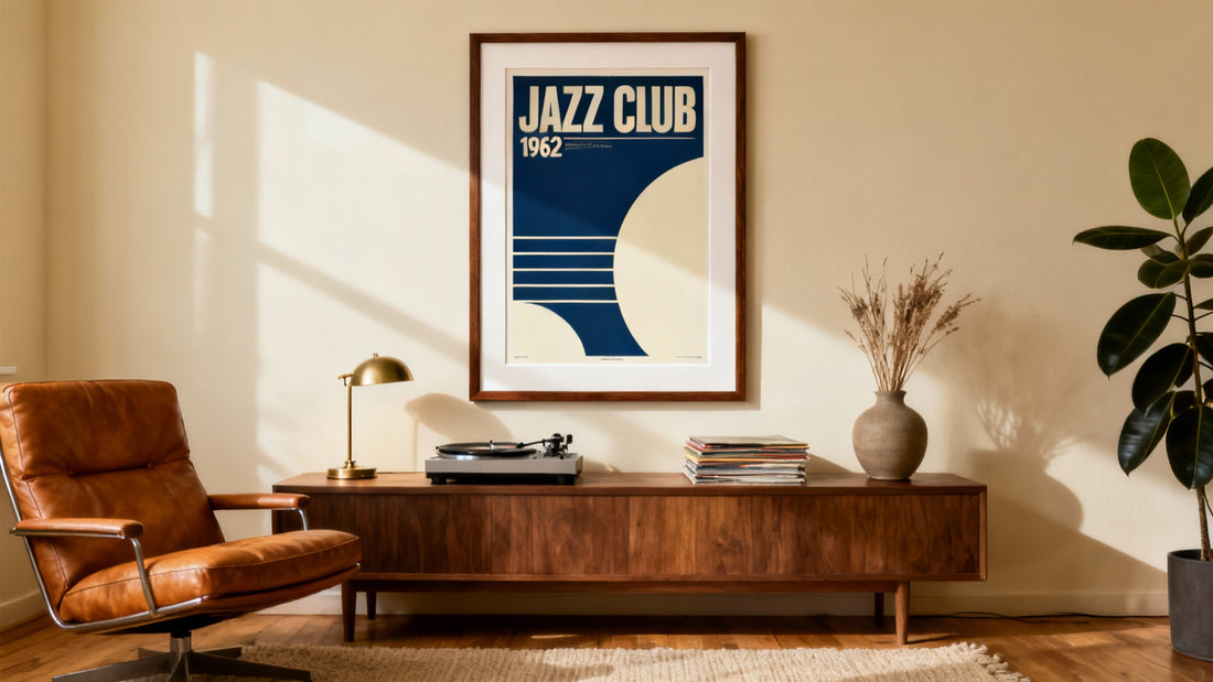 Mid century modern living room with a low walnut sideboard, record player, leather lounge chair and a navy and cream jazz club poster