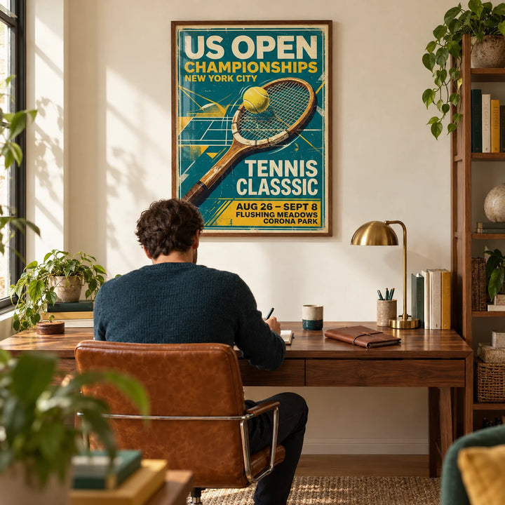 Vintage New York Tennis Print, framed on the wall of a characterful home office with a warm cream wall
