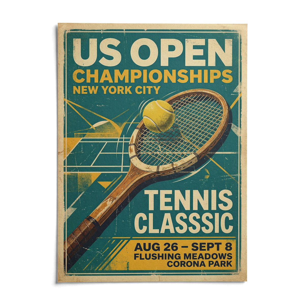 Vintage New York Tennis Print, shown as an unframed paper print on a plain white background