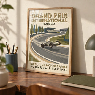 Vintage Open Wheel Racing Print, a small A4 framed print leaning on a walnut desk