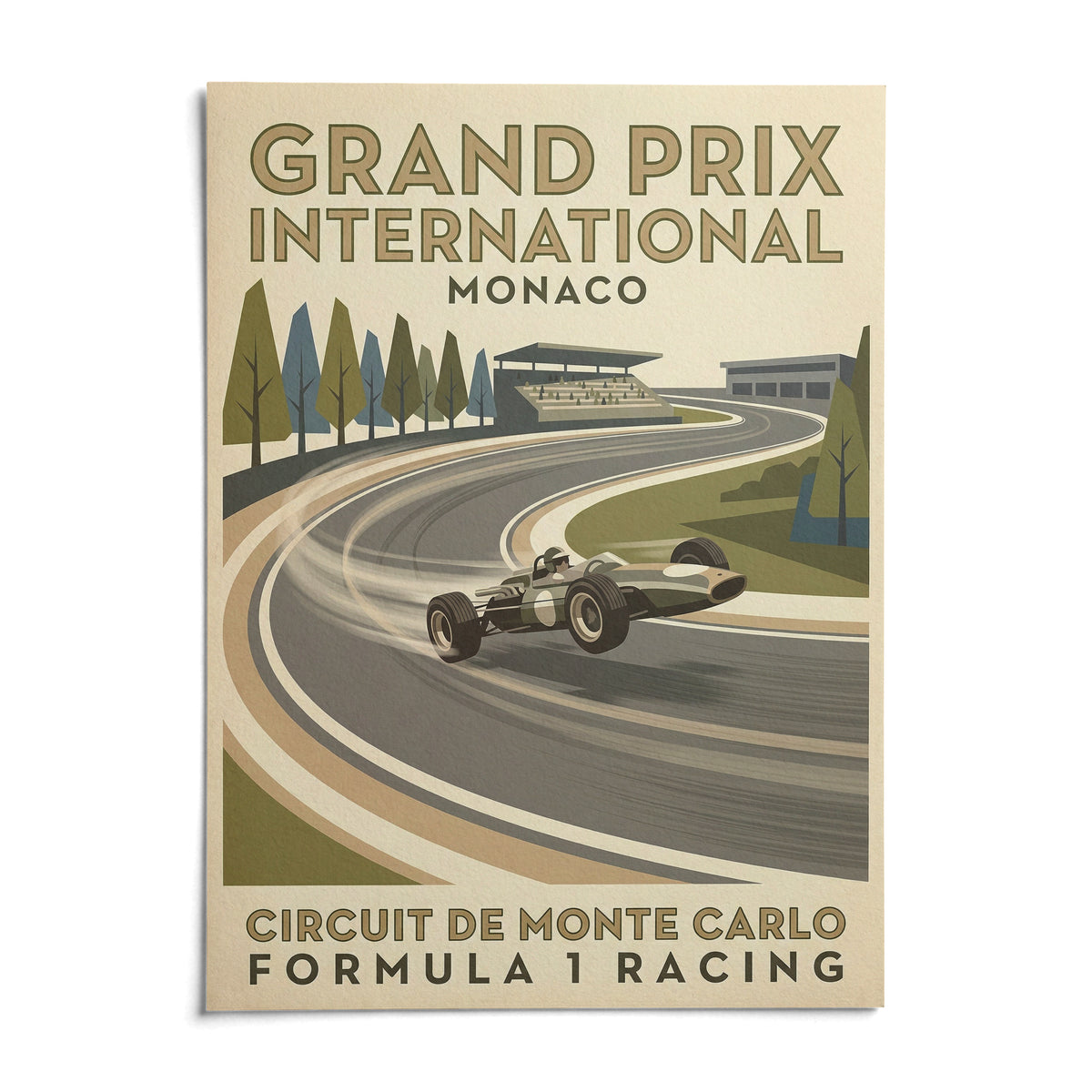 Vintage Open Wheel Racing Print, shown as an unframed paper print on a plain white background