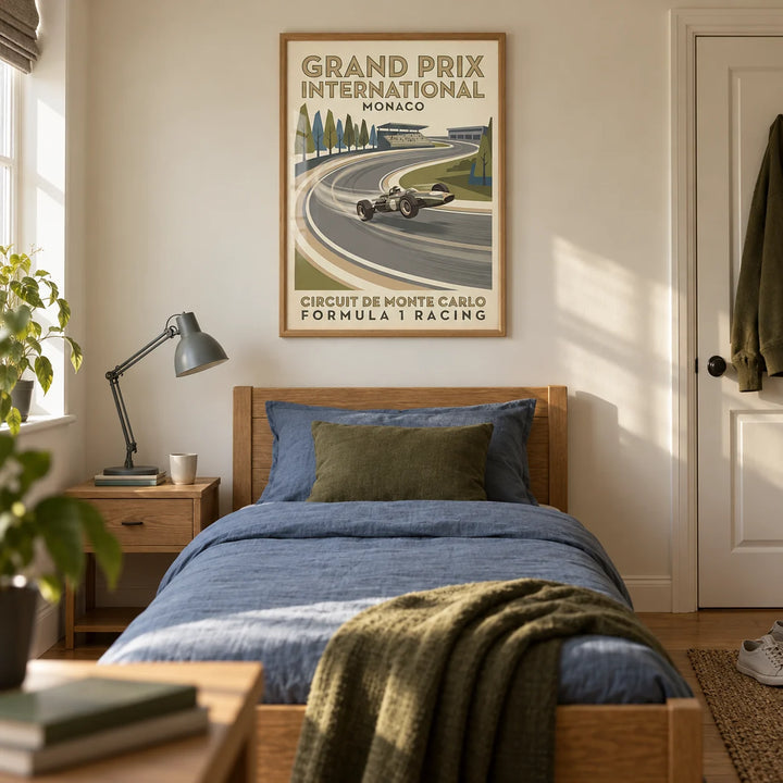 Vintage Open Wheel Racing Print, framed on the wall of a vintage motorsport-inspired single bedroom for an older teenager (16-17) in a UK family home