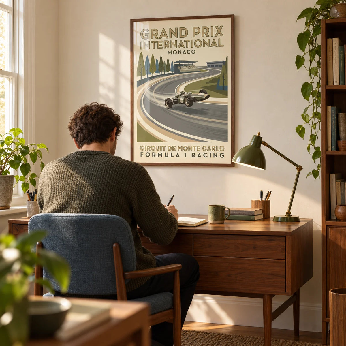 Vintage Open Wheel Racing Print, framed on the wall of a warm mid-century home study in a UK terrace with a cream wall and walnut furniture