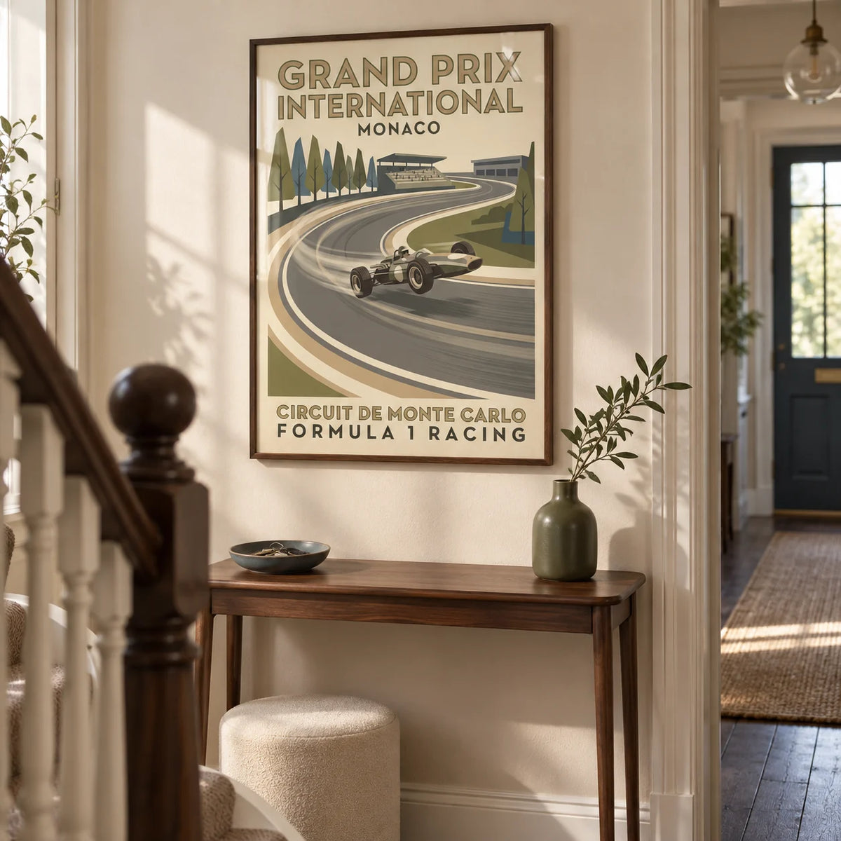 Vintage Open Wheel Racing Print, framed on the wall of a welcoming hallway in a UK terraced house with warm cream plaster walls and dark timber floorboards