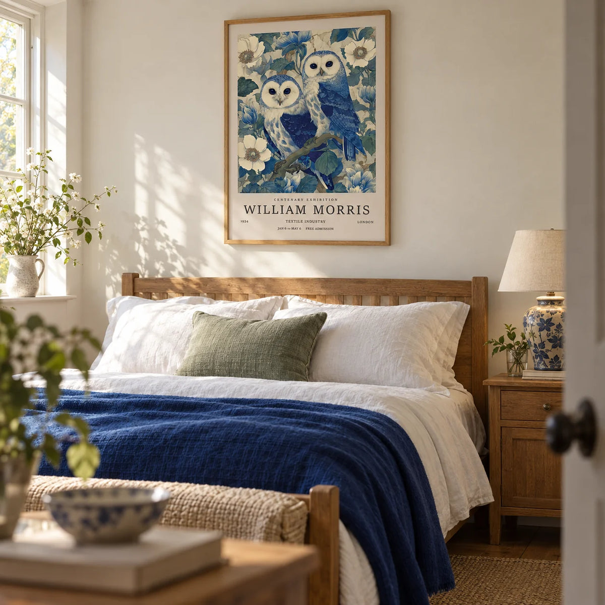 Vintage Owl Print, framed on the wall of a calm cottage bedroom with a soft cream wall