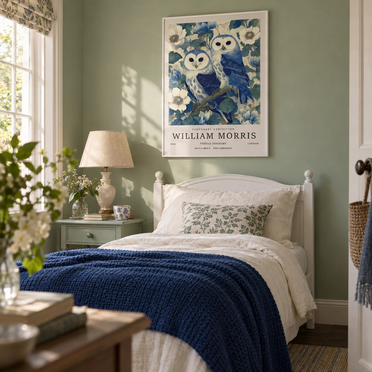 Vintage Owl Print, framed on the wall of a pretty single guest bedroom with a pale sage wall