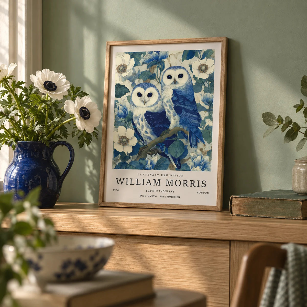 Vintage Owl Print, a small A4 framed print leaning on an oak shelf in a living room