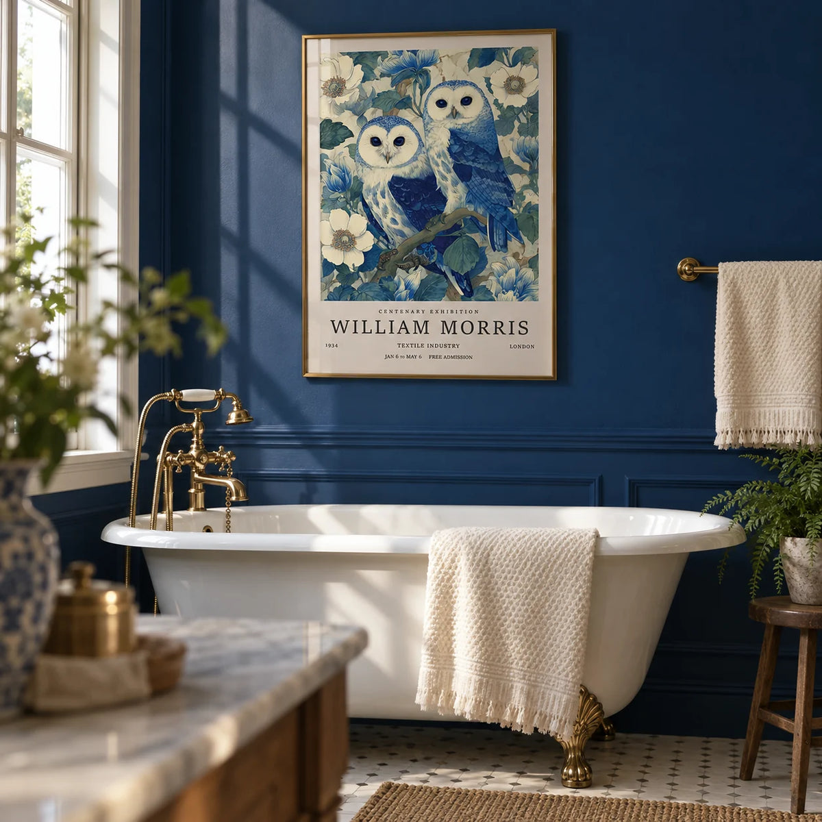 Vintage Owl Print, framed on the wall of a traditional bathroom with a deep cobalt blue painted wall and a white roll-top bath