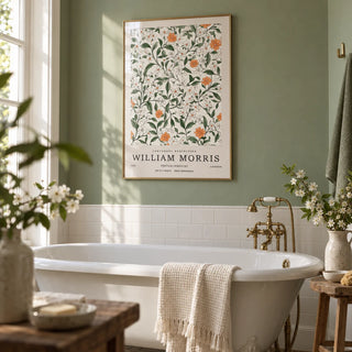 Vintage Prints Flowers, framed on the wall of a calm bathroom with a sage green painted wall and plain white tiles
