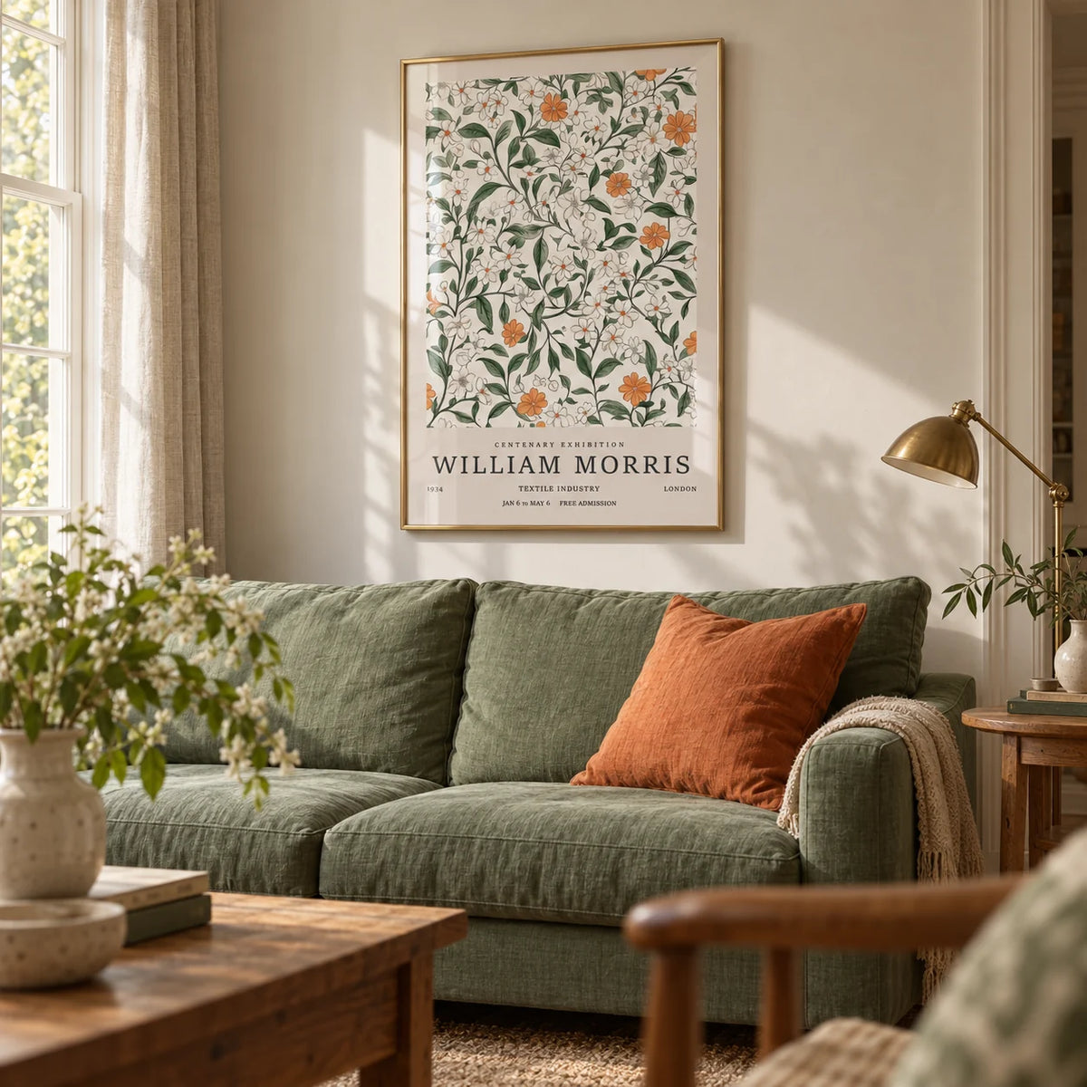 Vintage Prints Flowers, framed on the wall of a heritage living room with a soft beige wall