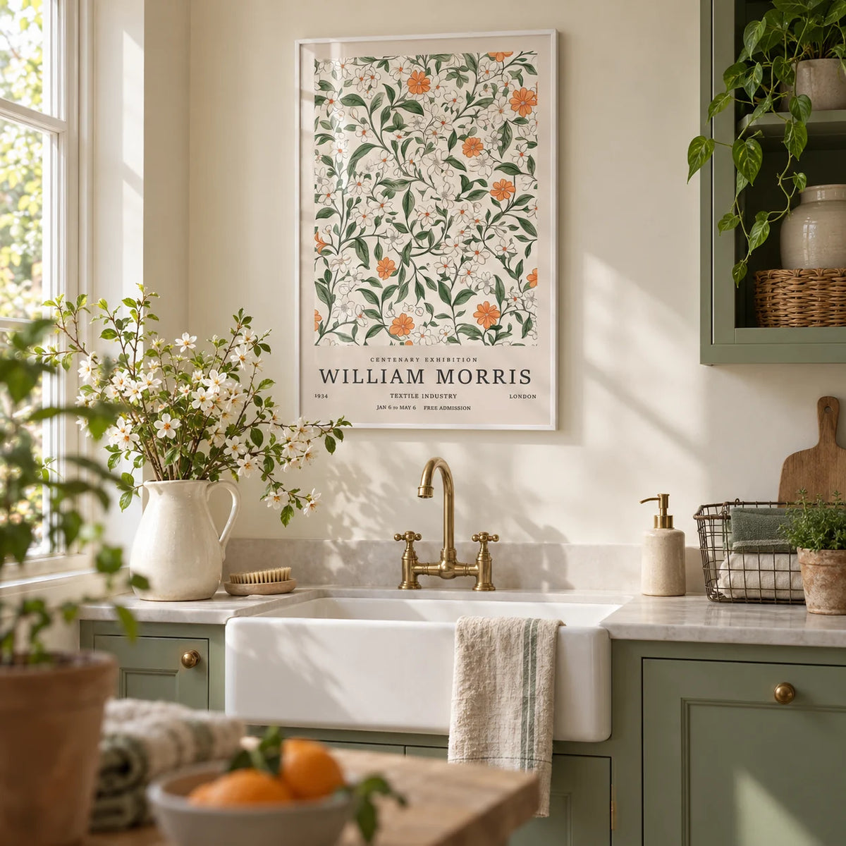 Vintage Prints Flowers, framed on the wall of a pretty utility room with sage green cabinets and a cream wall in a laundry room