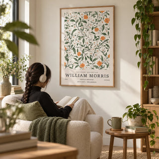 Vintage Prints Flowers, framed on the wall of a quiet reading nook with a warm white wall in a living room
