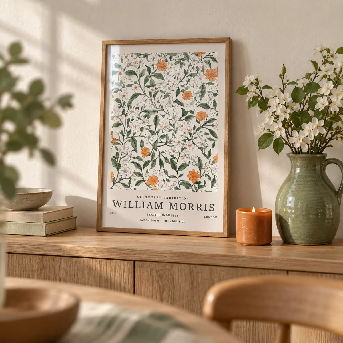 Vintage Prints Flowers, a small A4 framed print leaning on an oak shelf in a living room