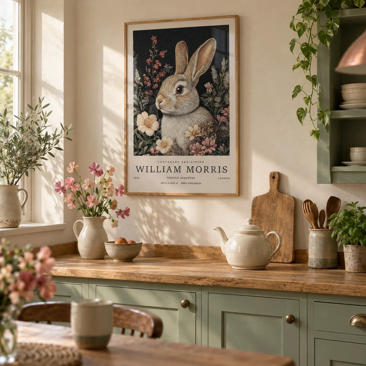 Vintage Rabbit Art, framed on the wall of a calm country kitchen with sage green painted cabinets and a cream wall
