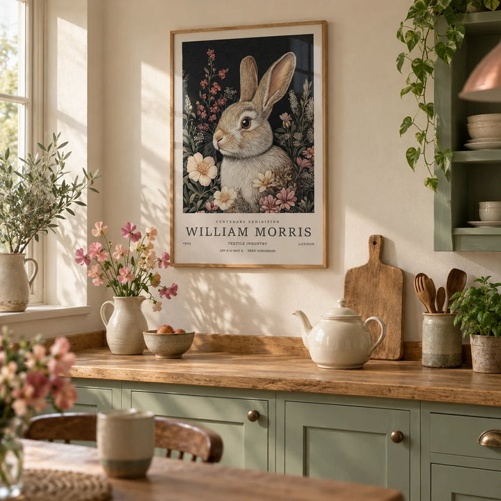 Vintage Rabbit Art, framed on the wall of a calm country kitchen with sage green painted cabinets and a cream wall