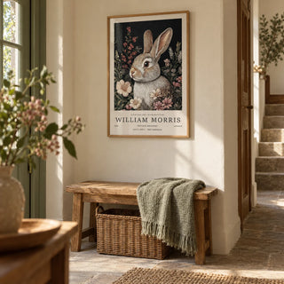 Vintage Rabbit Art, framed on the wall of a cottage hallway with a cream wall and plain stone floor